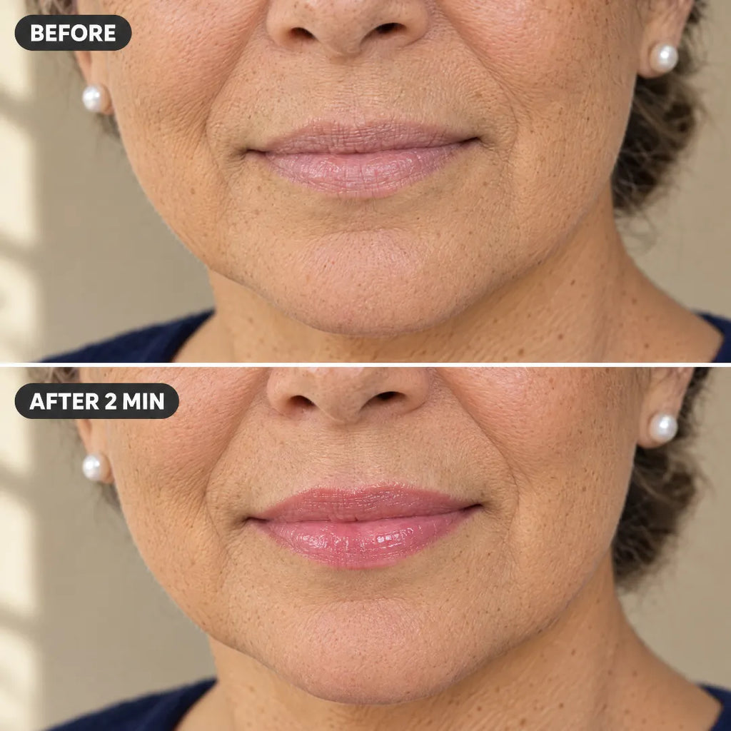 Lips before and 2 minutes after Odrelle colour-changing lipstick