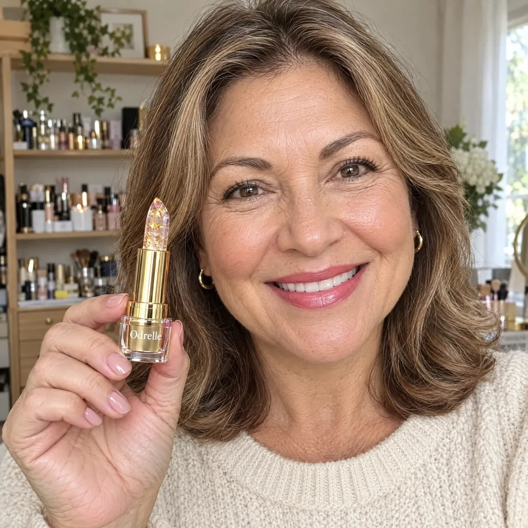 Woman holding Odrelle colour-changing gold-flake lipstick