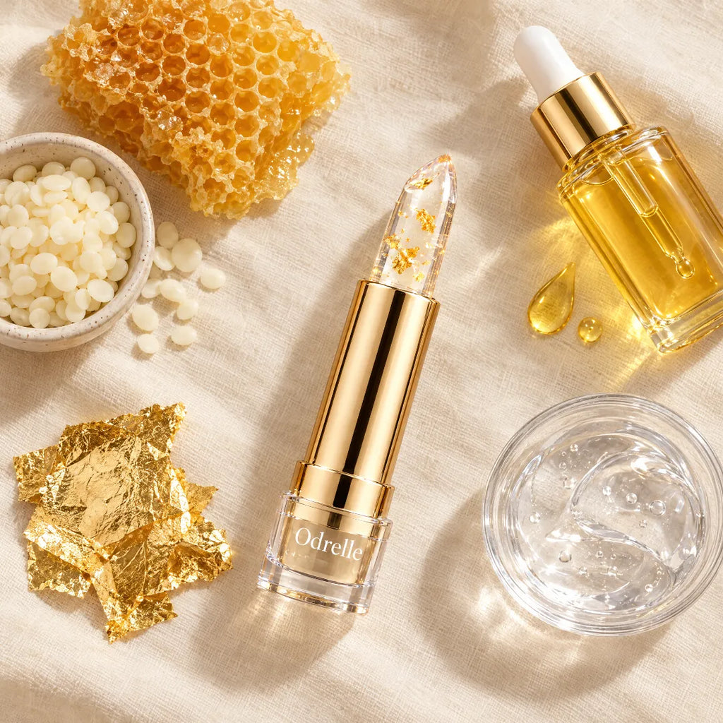 Odrelle gold-flake lipstick with gold leaf, beeswax and oil