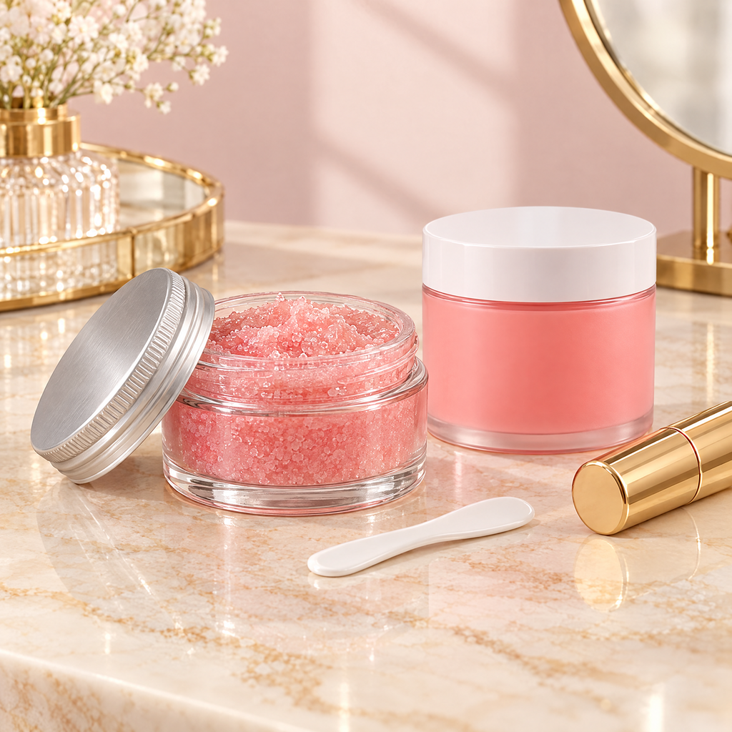 Lip scrub jar with lid off and pink lip mask jar on a marble vanity with a white spatula and a gold lipstick tube