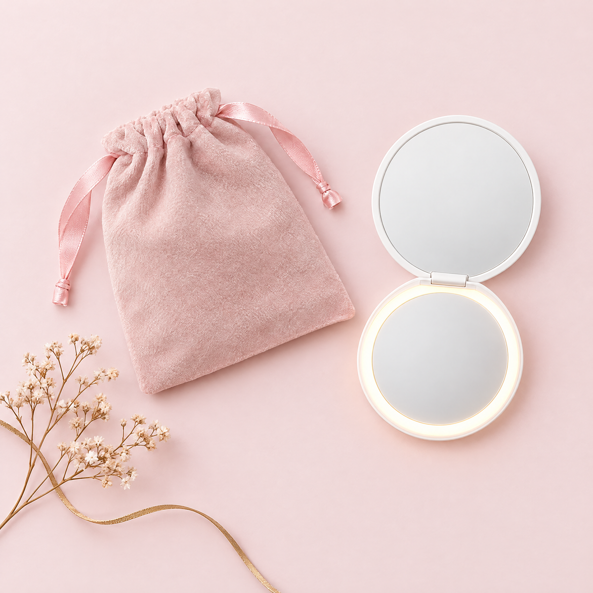 Top-down flatlay of a blush pink velvet drawstring pouch and an open white compact mirror with glowing LED ring on a blush background