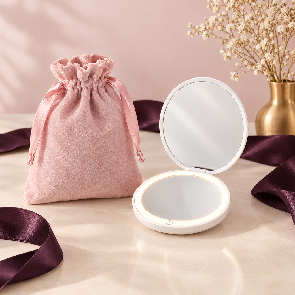 Blush pink velvet drawstring pouch and open white LED compact mirror on a cream vanity with plum satin ribbon and dried flowers in a gold vase