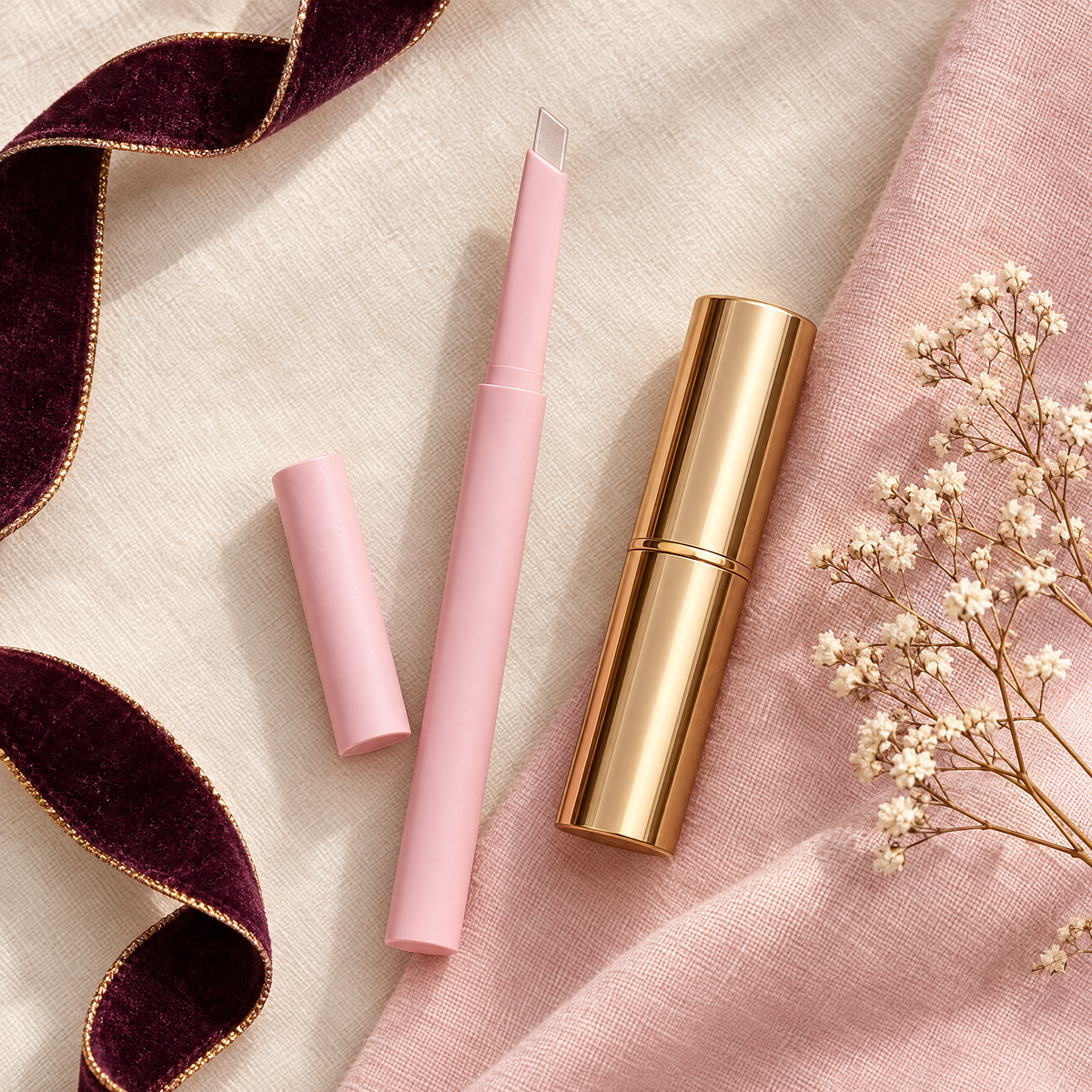 Flatlay of the clear lip liner pen and its cap beside a gold lipstick tube, plum velvet ribbon and dried flowers on cream and blush linen